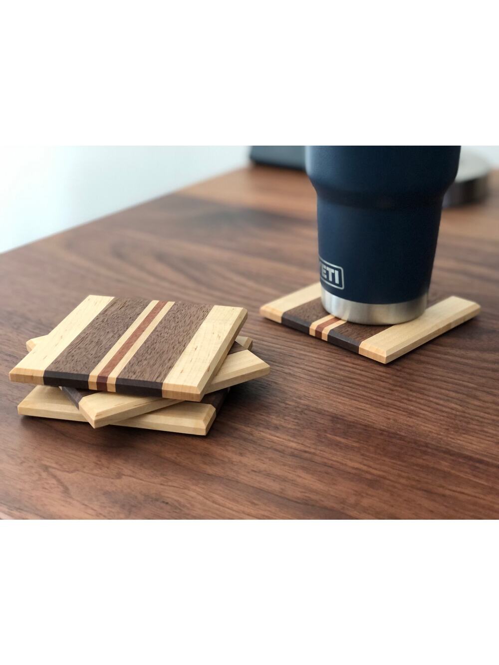Handcrafted Broad/Narrow Wood Coaster Set of 4 in Black Walnut, Sapele and Maple
